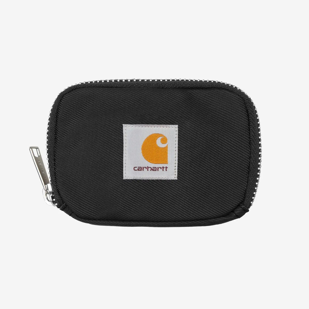 Portefeuille zippé Leroy noir vu de face, toile sergé, patch carré écru cousu au centre, tirette métal