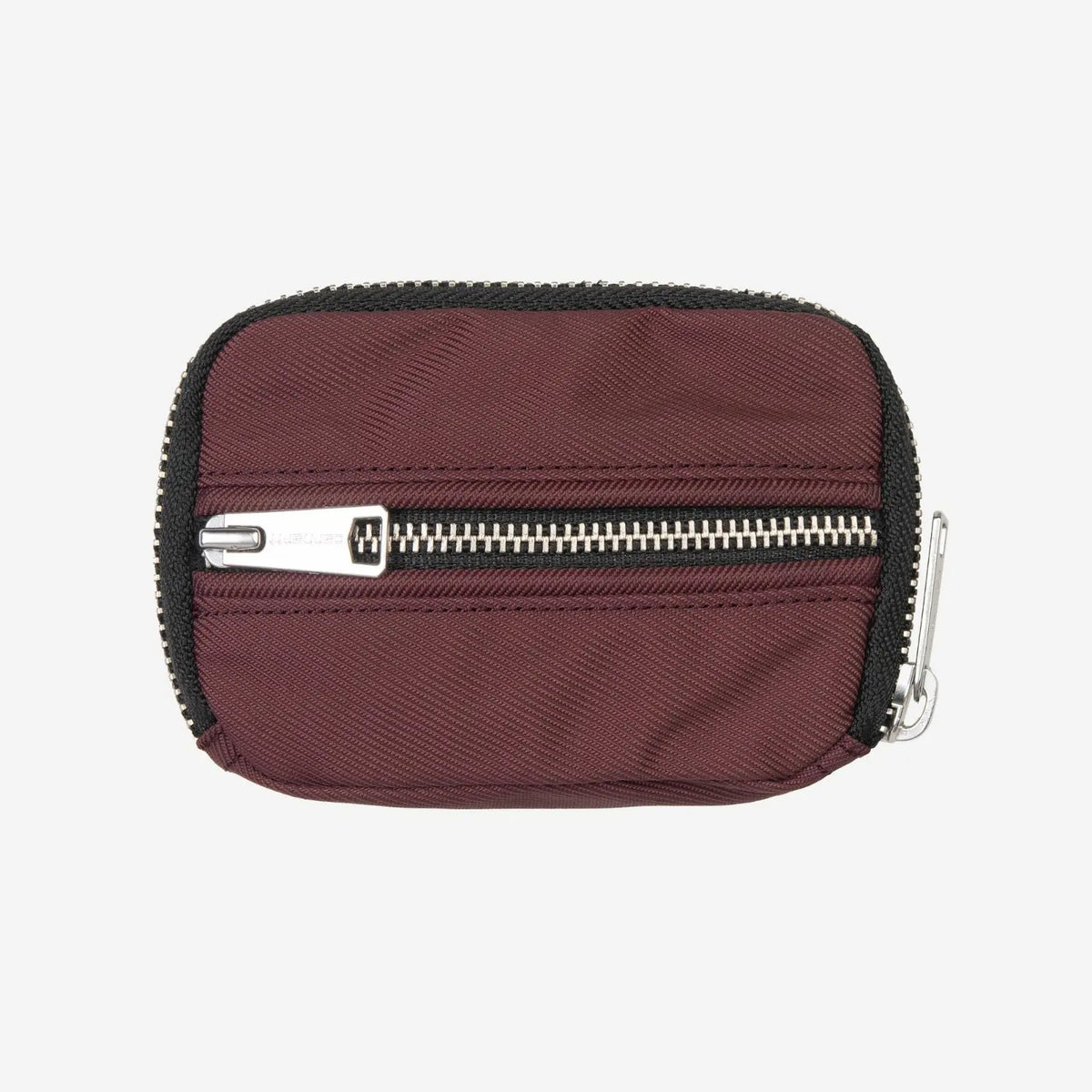 Portefeuille Leroy bordeaux de dos, zip horizontal argenté sur poche plaquée et anneau latéral métal