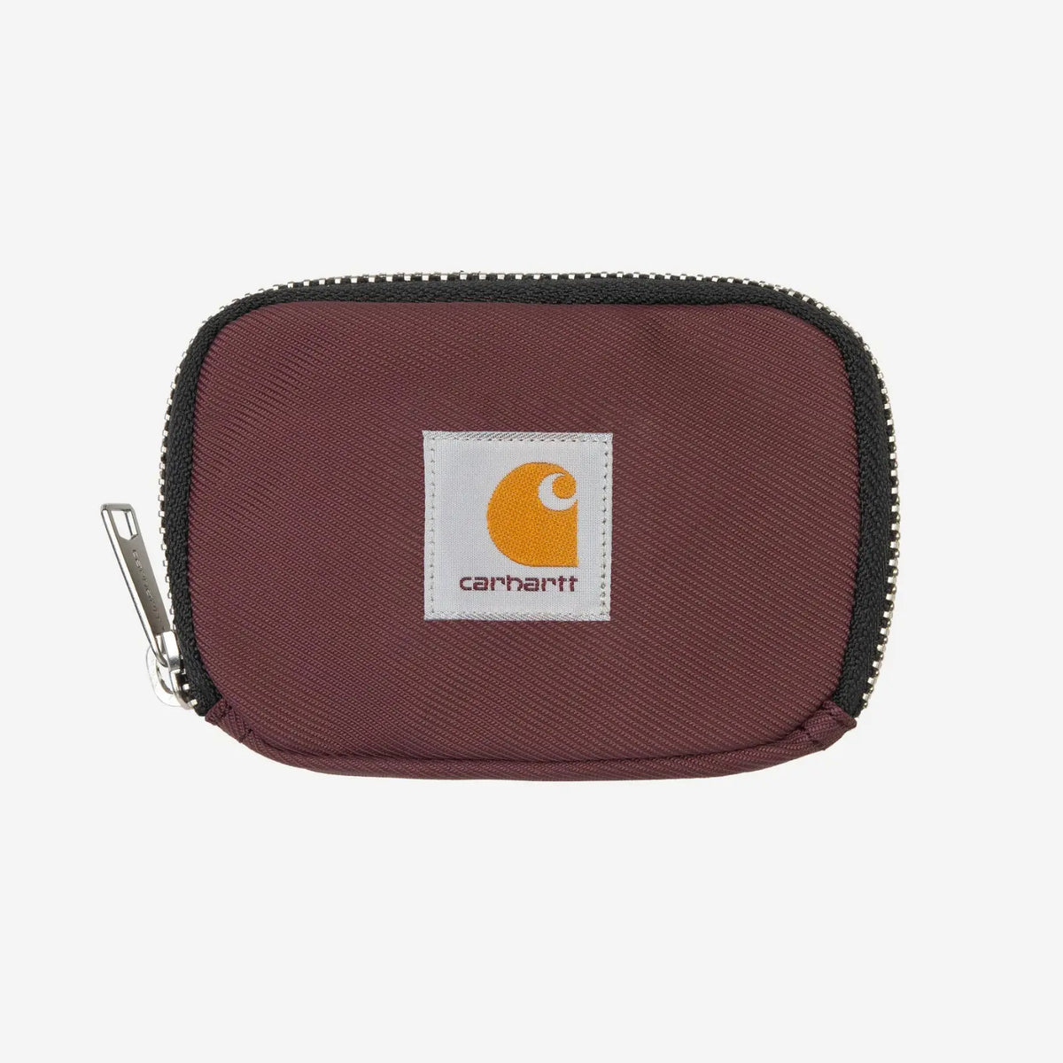Portefeuille zippé Leroy bordeaux vu de face, toile sergé nervurée, patch carré écru et zip bordé noir