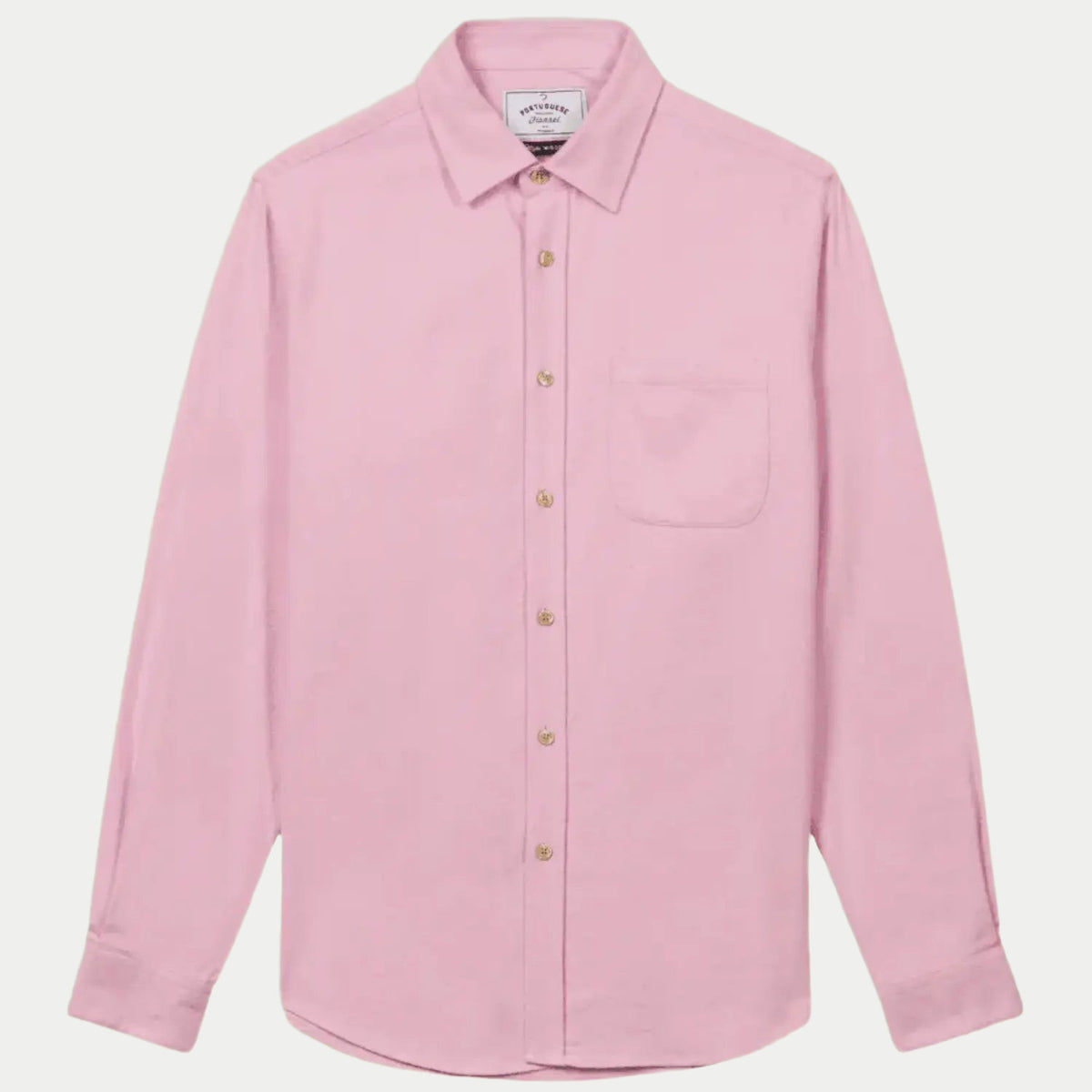 Chemise Teca en flanelle rose pâle à plat, col pointe, poche poitrine et boutons caramel