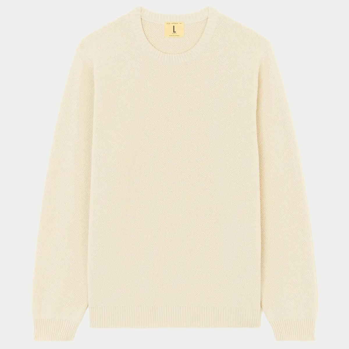 Pull Agop en coton beige chiné à plat, col rond côtelé et manches longues, vue de face