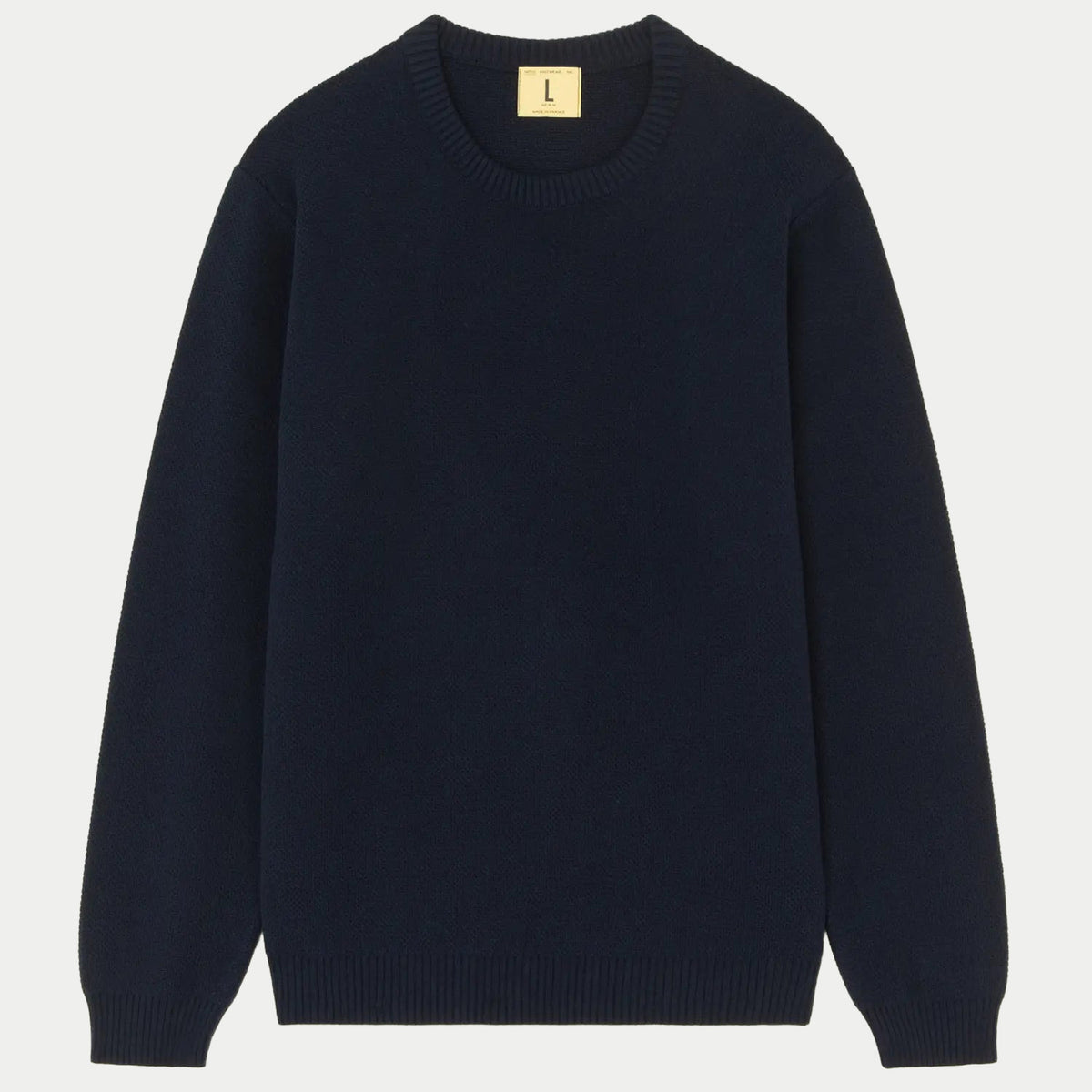 Pull Agop en coton Bleu Marine posé à plat, col rond côtelé et maille coton au point de riz