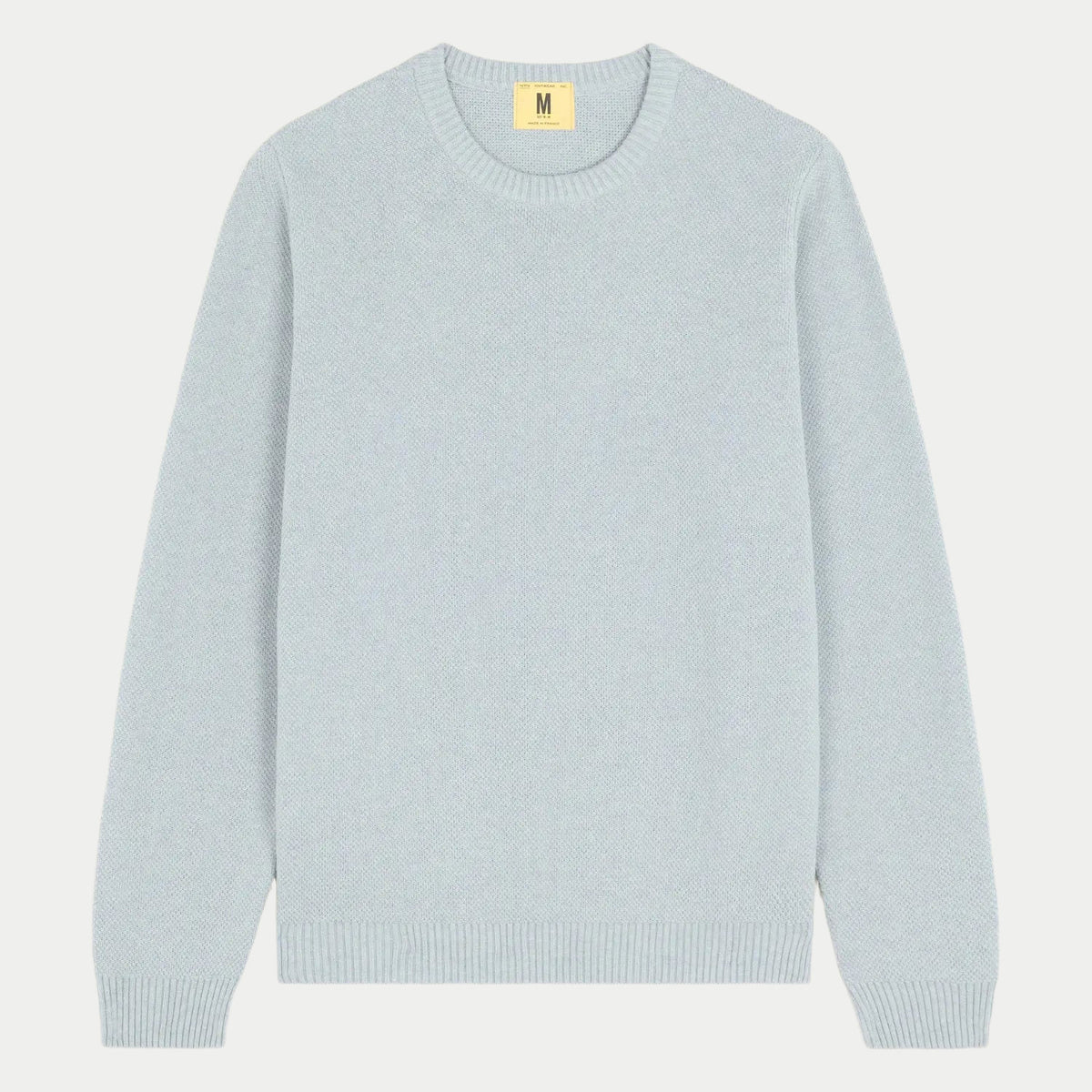 Pull Agop en coton bleu clair Light Indigo à plat, col rond côtelé et maille au point de riz