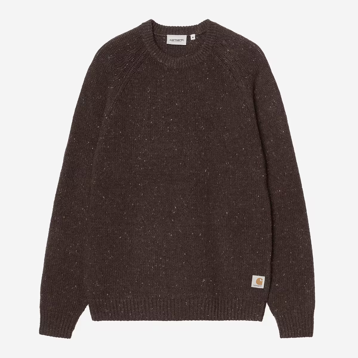 Pull Anglistic Tobacco Carhartt WIP à plat, face : maille brun chocolat mouchetée d'écru, col rond côtelé, manches raglan