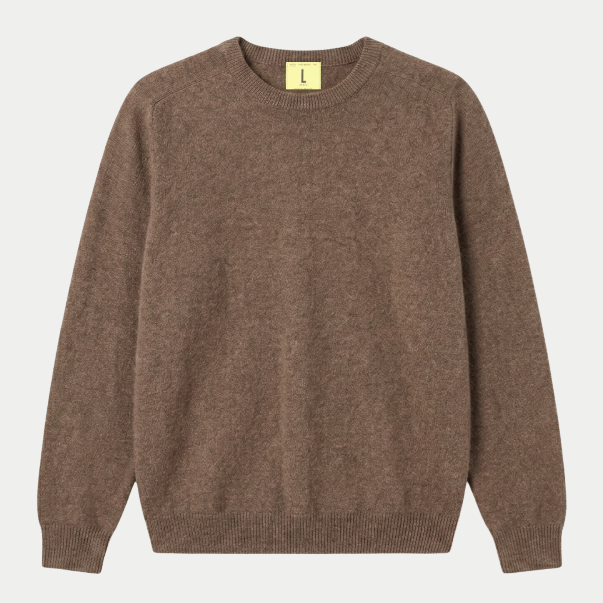 Pull Armen marron moka Nitto Knitwear, maille duveteuse, poignets et bas côtelés, vue de face à plat