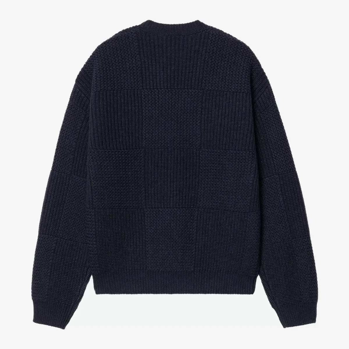Dos du Pull Bishop bleu marine : grands carrés alternant côtes et point perlé, poignets et base côtelés