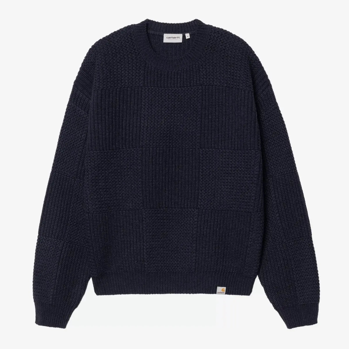 Pull Bishop bleu marine Carhartt WIP à plat, face : damier de carrés tricotés en relief, col rond côtelé