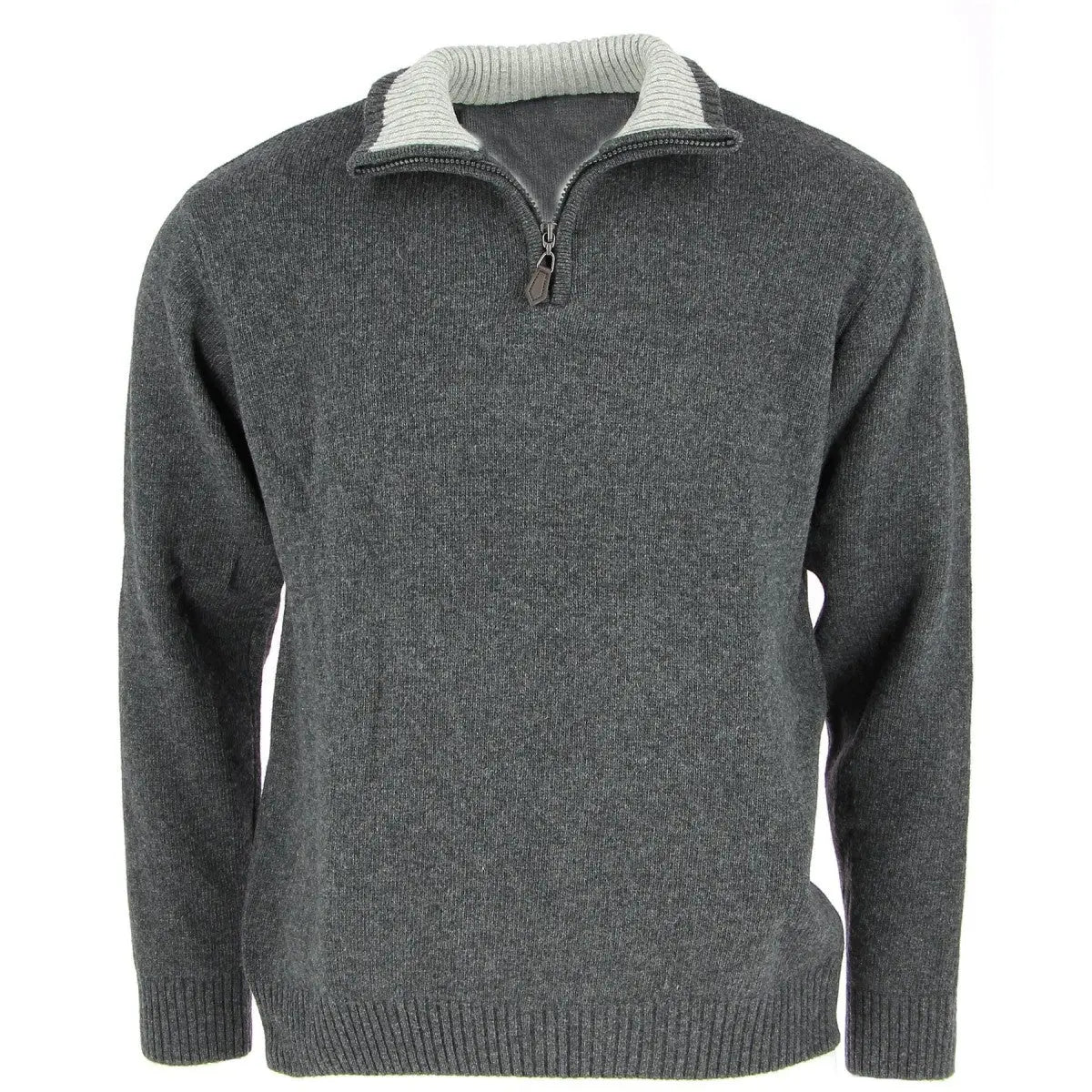 Pull anthracite col camionneur ouvert, doublure de col côtelée gris clair et tirette zip contrastée
