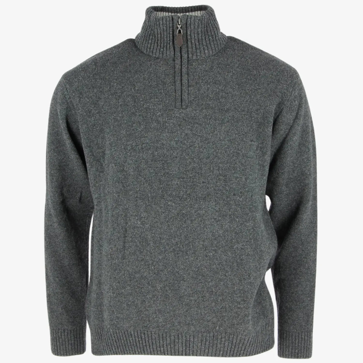 Pull en laine gris anthracite chiné, col camionneur montant zippé et poignets côtelés, vu de face