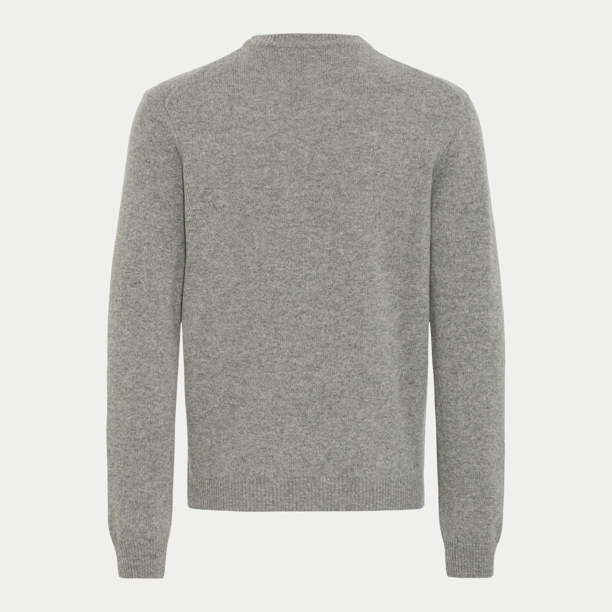 Pull col rond gris chiné vu de dos à plat, maille fine 80% laine d'agneau, poignets côtelés