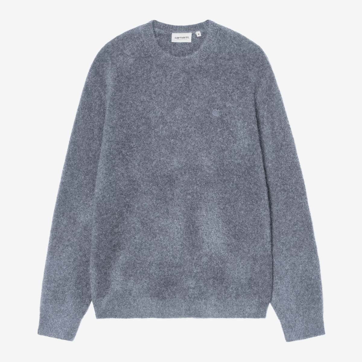 Pull Curtis Carhartt WIP bleu gris chiné, vue de face à plat, logo C brodé ton sur ton sur la poitrine