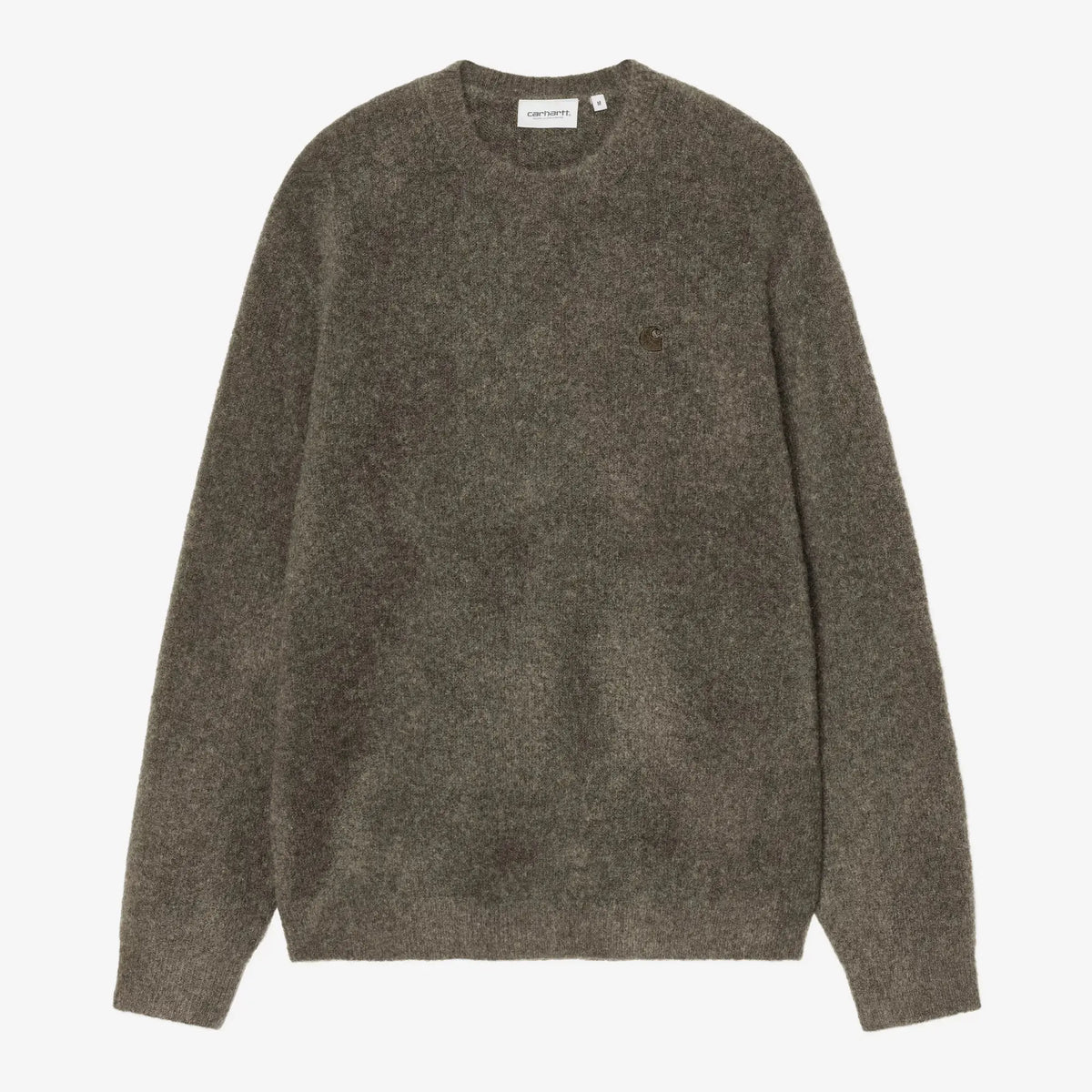 Pull Curtis Tangled Shungite à plat, maille duveteuse brun-olive chinée et petit logo C brodé brun foncé