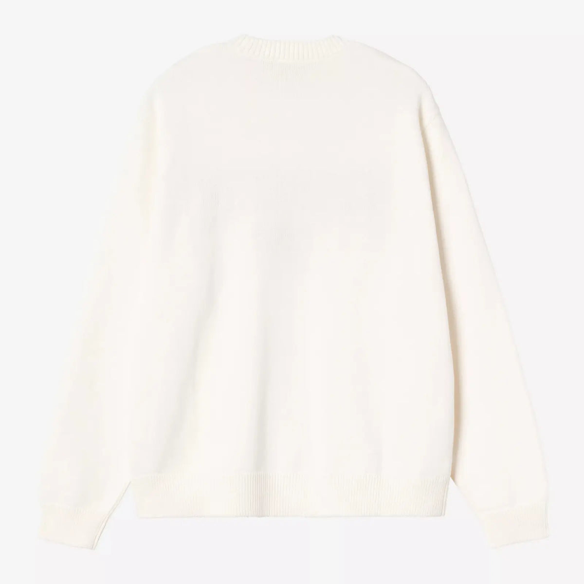 Dos à plat du pull Deck écru, maille de coton large et unie, bords-côtes épais aux poignets et au bas