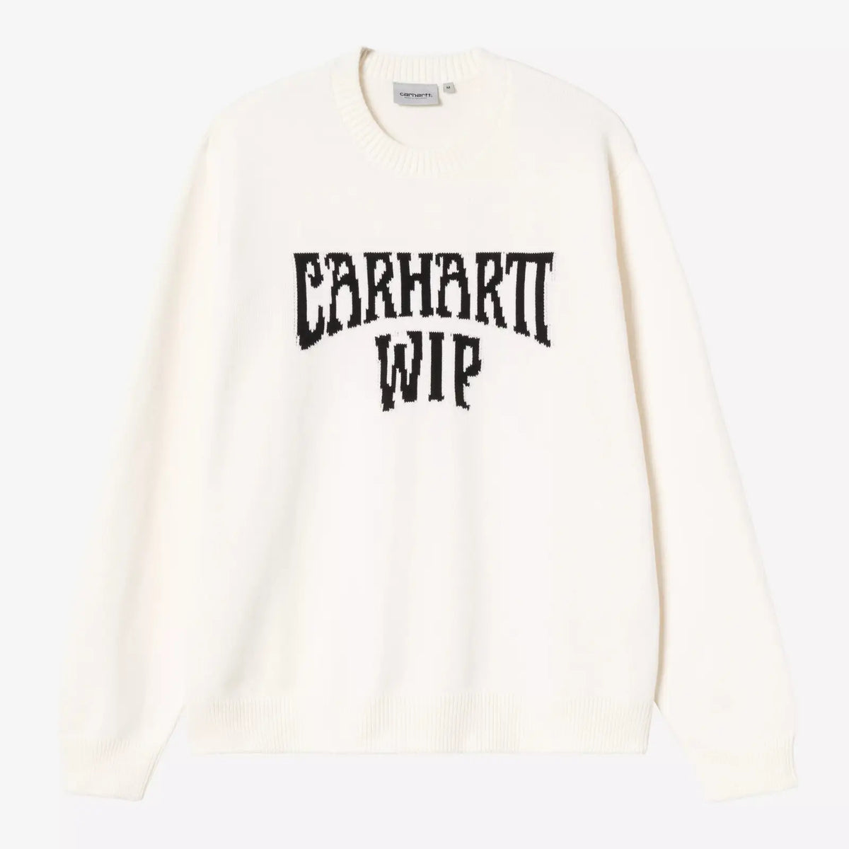 Pull Deck écru à plat, lettrage CARHARTT WIP tricoté en jacquard noir et arqué sur toute la poitrine