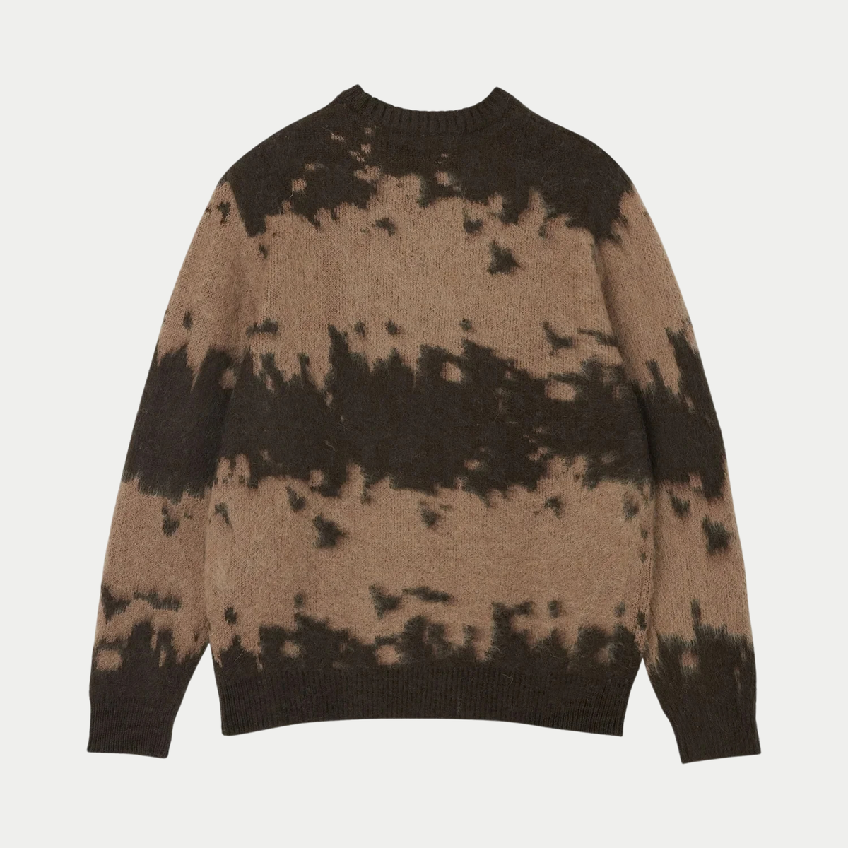 Dos du pull en mohair Gramicci taupe à plat, éclaboussures brun foncé sur maille duveteuse