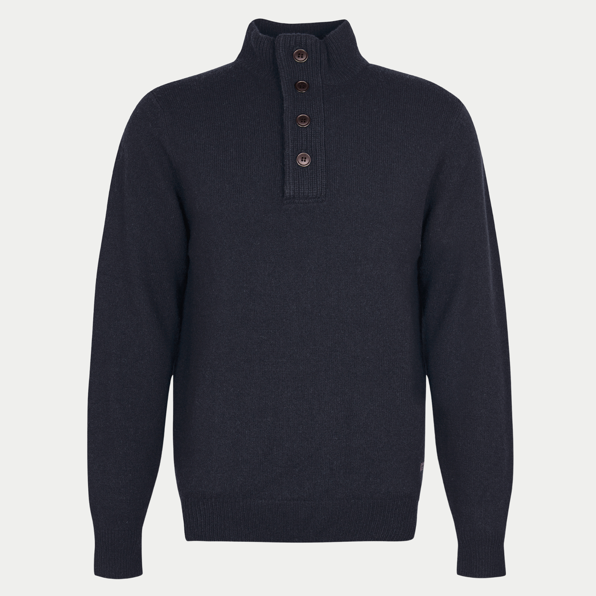 Pull Barbour Essential Patch bleu marine, col montant à demi-zip et patte à quatre boutons, vue de face à plat