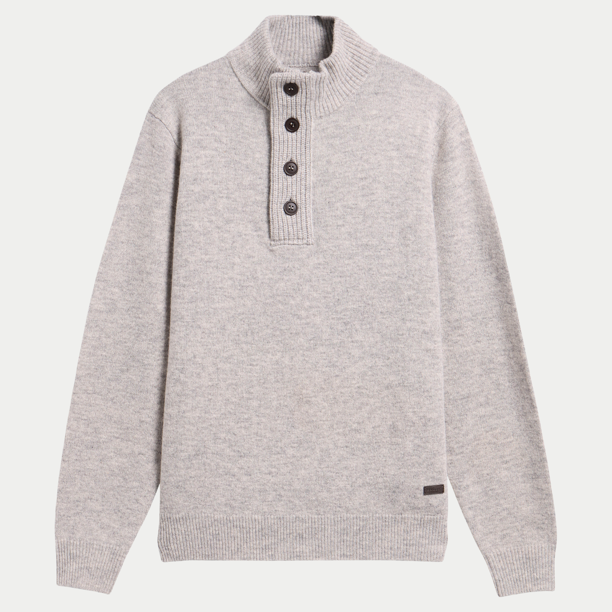 Pull Barbour Essential Patch gris clair chiné Light Grey Marl, col montant à demi-zip et patte boutonnée, vue de face à plat