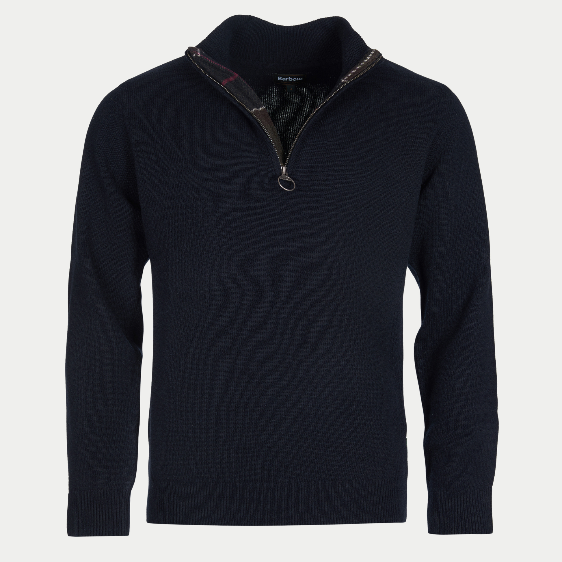 Pull Barbour Holden bleu marine, col montant zippé et doublure de col en tartan, vue de face à plat