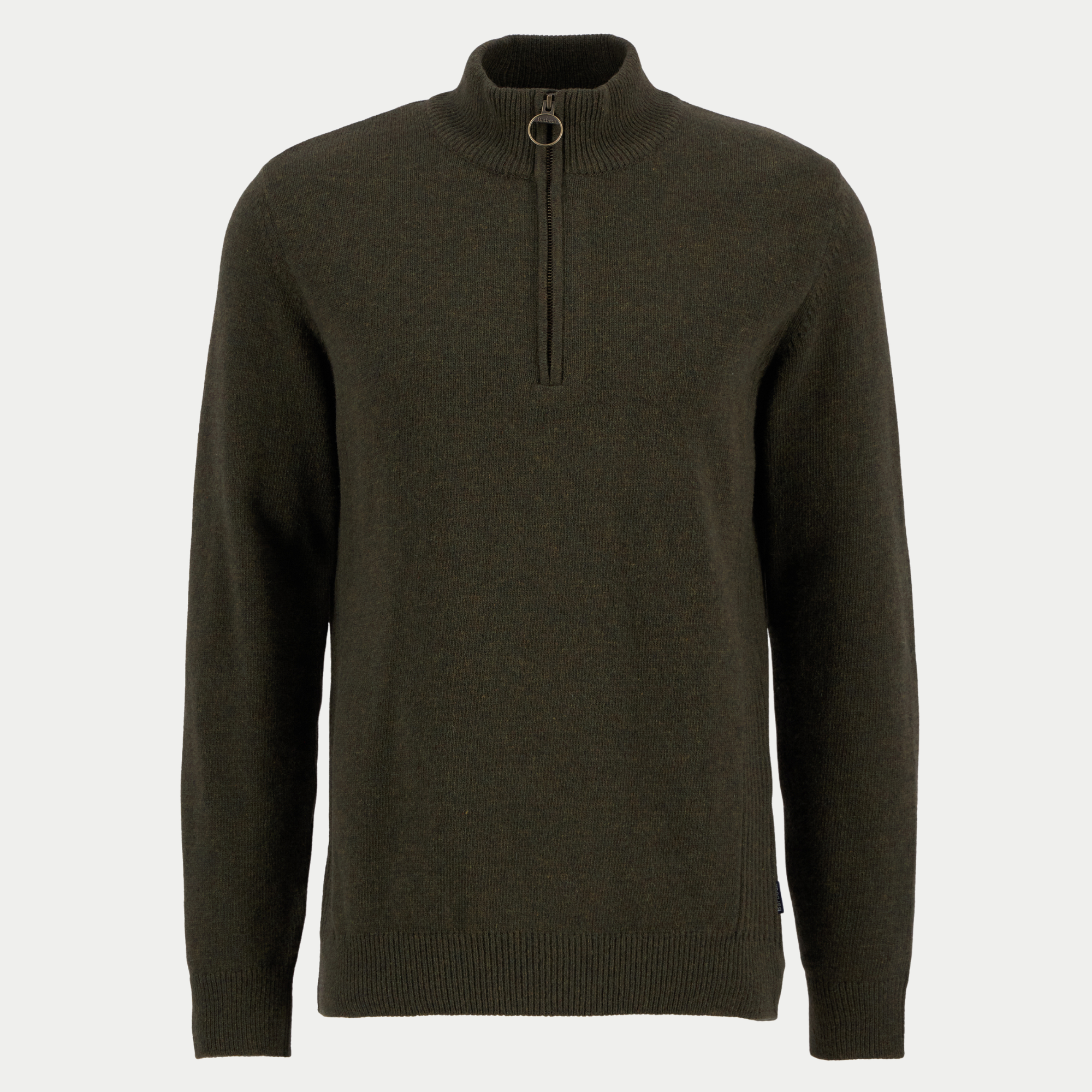 Pull Barbour Holden olive chiné Olive Marl, col montant zippé à anneau laiton, vue de face à plat