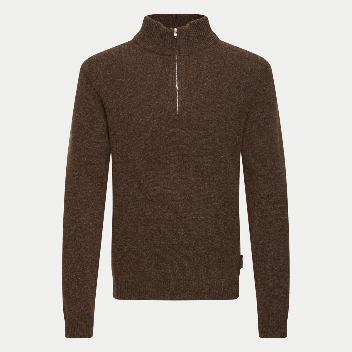 Pull half zip Casual Friday marron foncé chiné Demitasse, vue de face, zip métal argenté