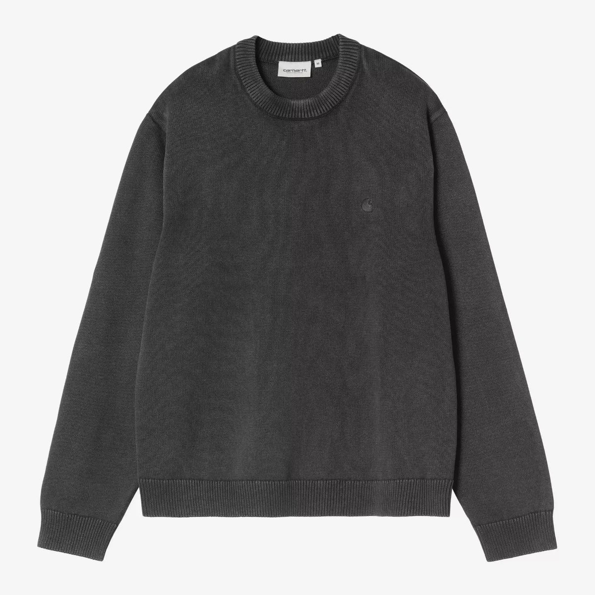 Pull Kori Black garment dyed Carhartt WIP à plat : maille coton teinte en pièce, col rond côtelé, C brodé