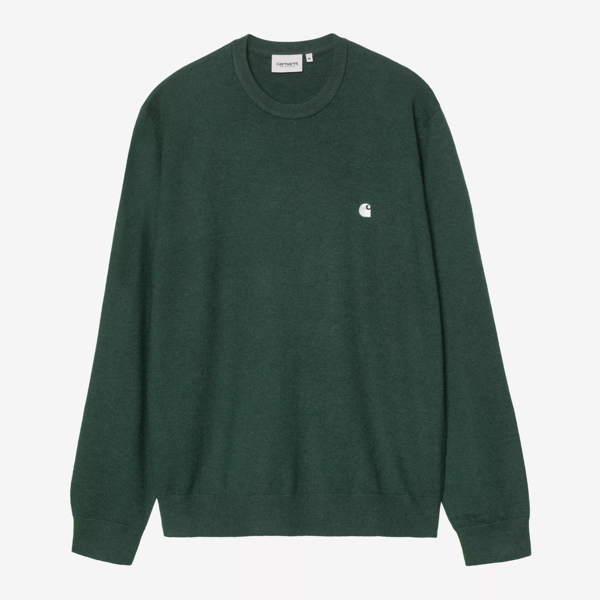 Pull Madison Carhartt WIP vert sapin Dark Scarab, col rond côtelé et logo C brodé écru, vue de face à plat