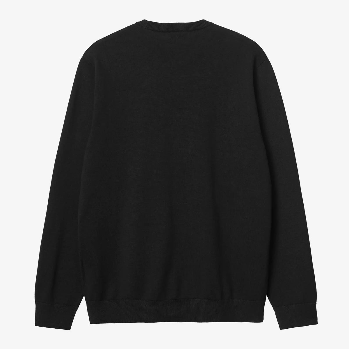 Dos à plat du pull Madison noir, maille fine uniforme, encolure côtelée et bord-côte en bas du dos