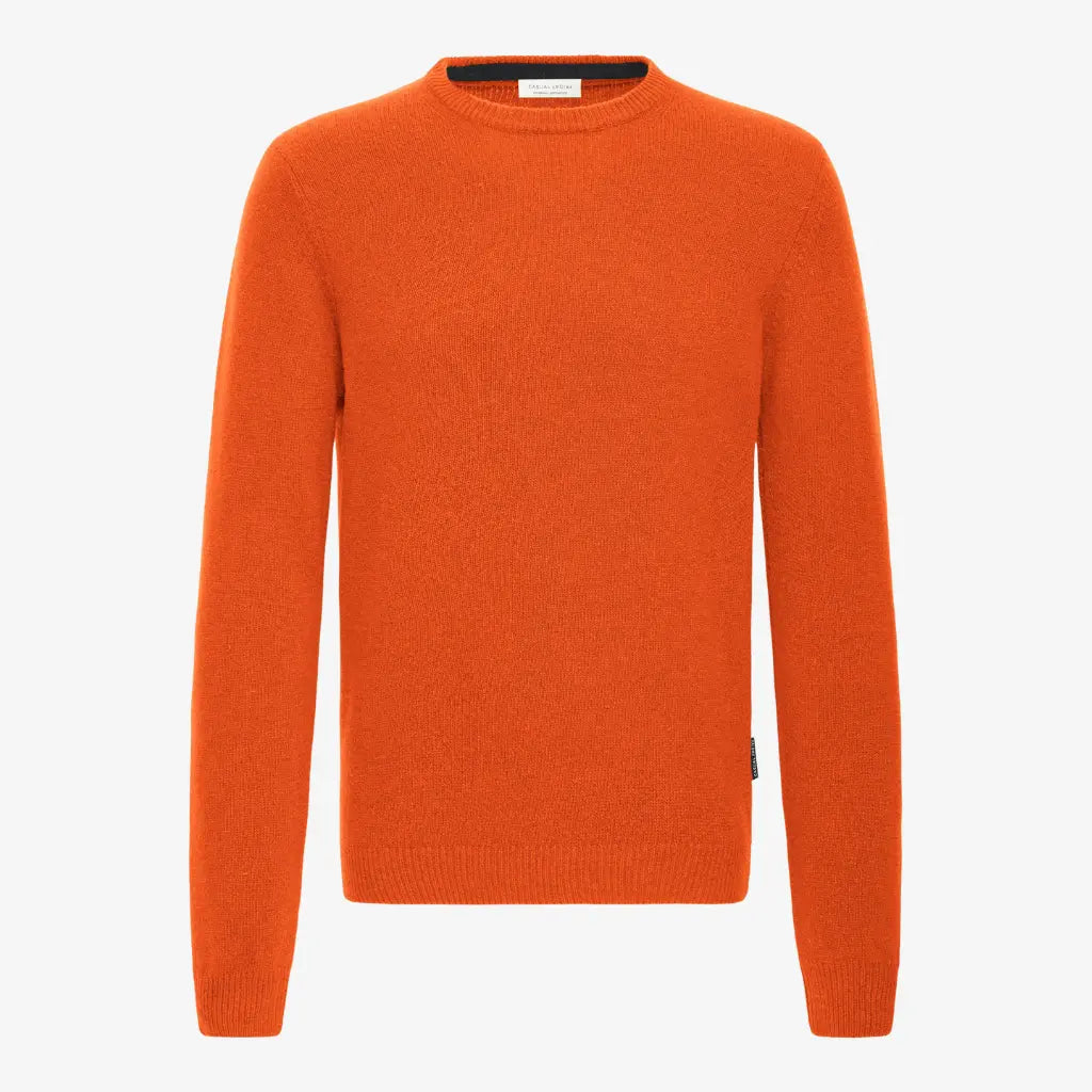 Pull col rond orange brûlé Burnt Ochre en maille laineuse, vue de face, poignets côtelés
