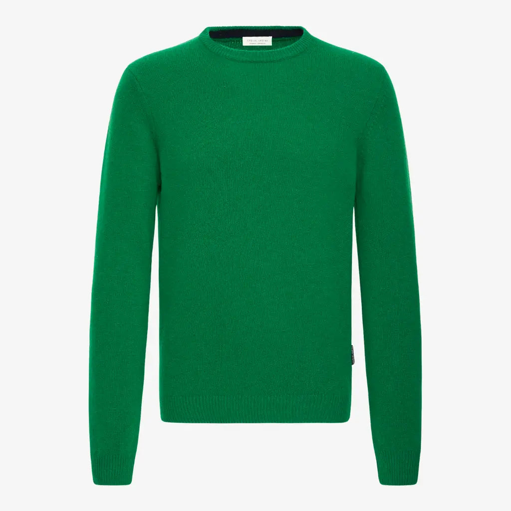 Pull col rond vert gazon Fairway en maille laineuse, vue de face, poignets et bas côtelés