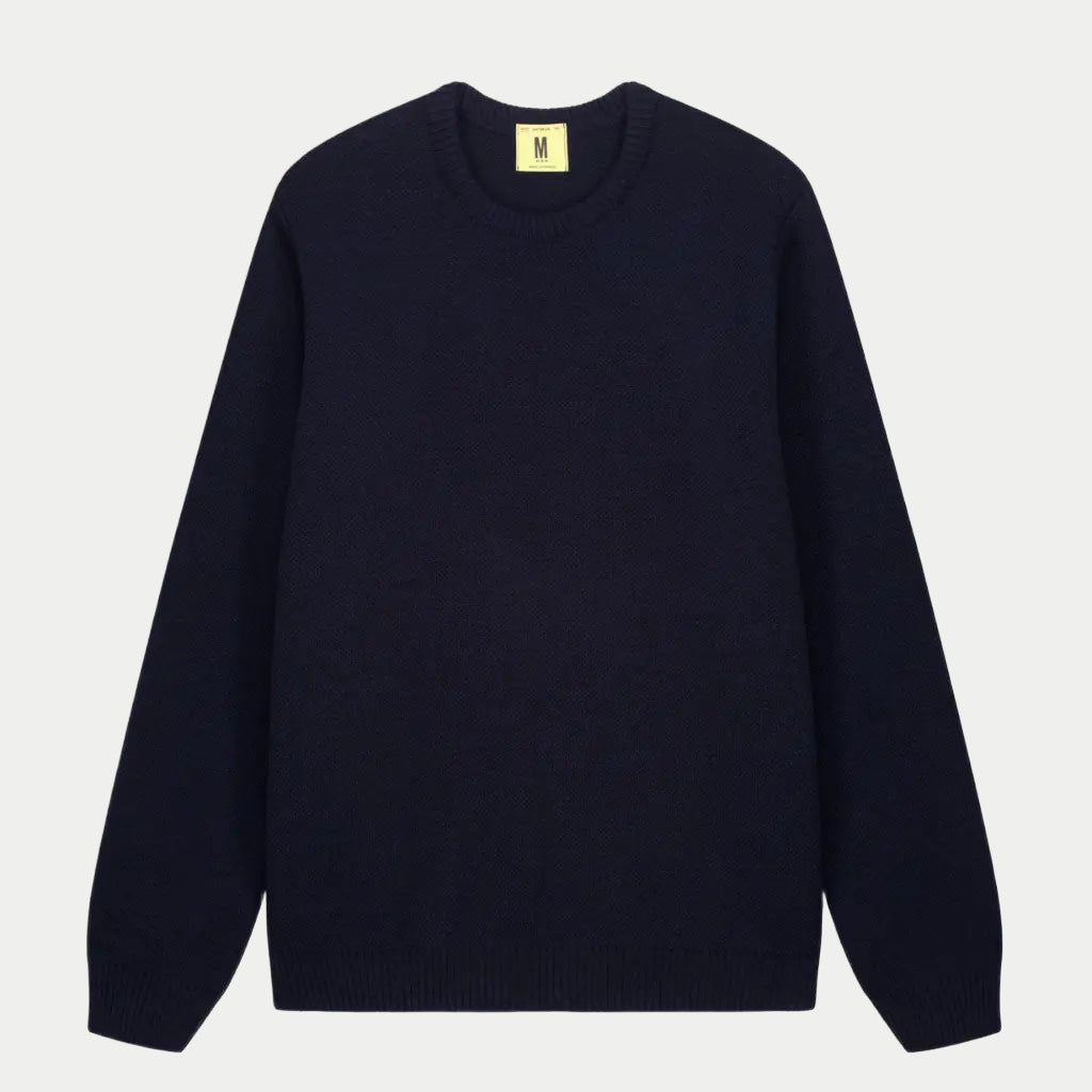 Pull Youri en laine Bleu Marine à plat, col rond côtelé, maille laine mate au point de riz