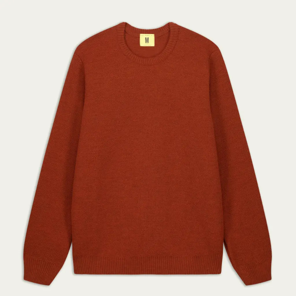 Pull Youri Nitto Knitwear orange rouille, col rond côtelé et maille piquée, vue de face à plat