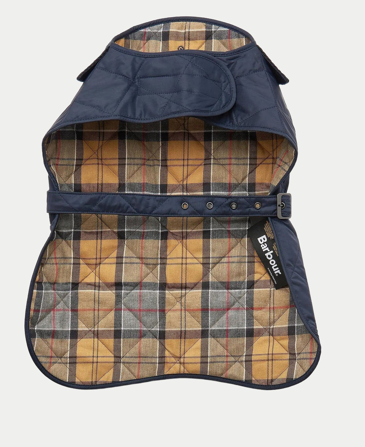 Manteau matelassé bleu marine ouvert, doublure tartan camel, noire et rouge matelassée