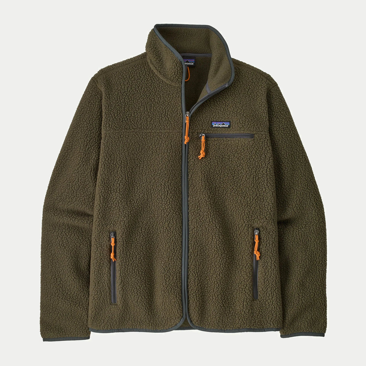 Veste polaire Retro Pile Patagonia vert olive à plat, col montant, poche poitrine zippée et tirettes cordon orange