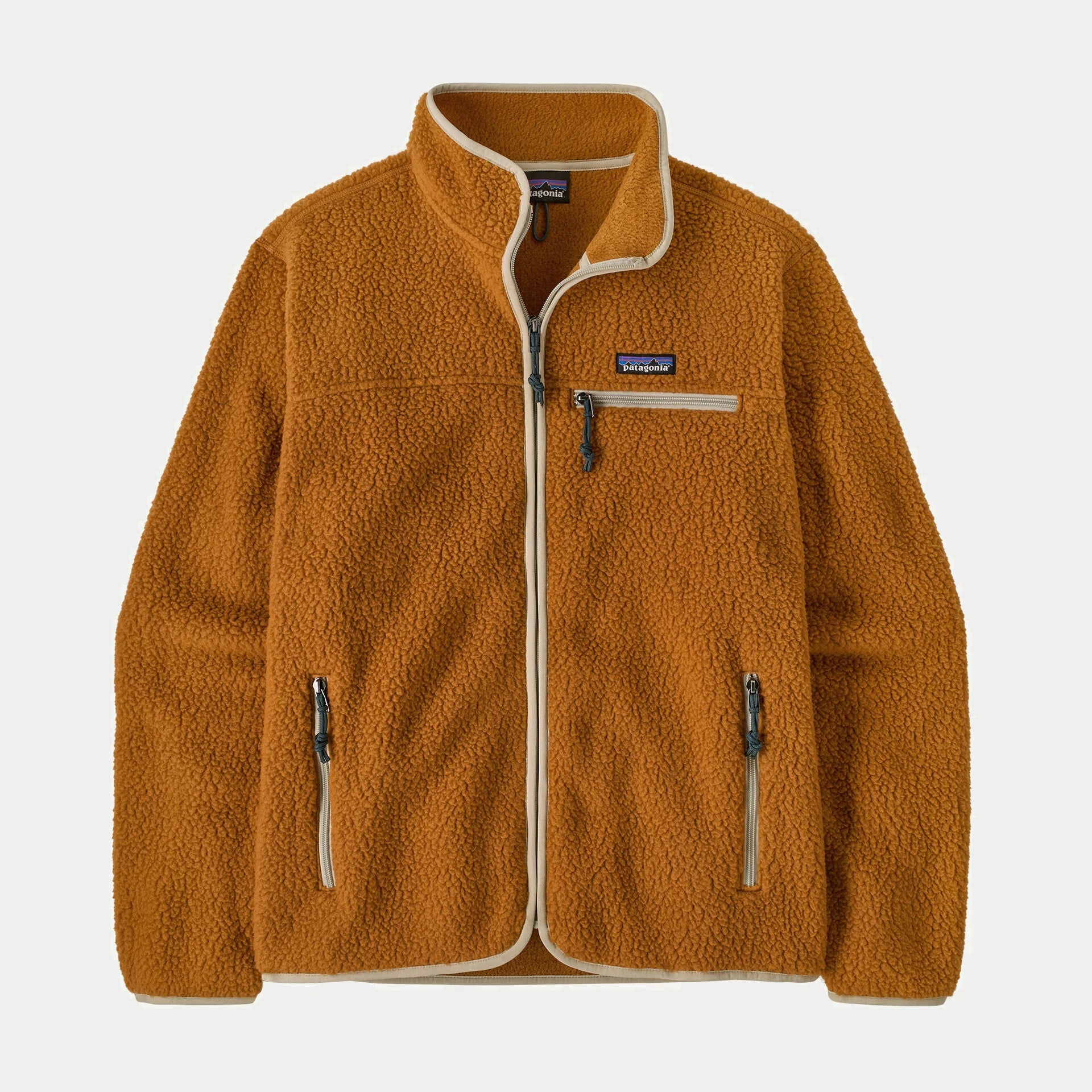Veste polaire Retro Pile Cinnamon Brown Patagonia à plat de face, zip et liserés crème, tirettes cordon bleu pétrole