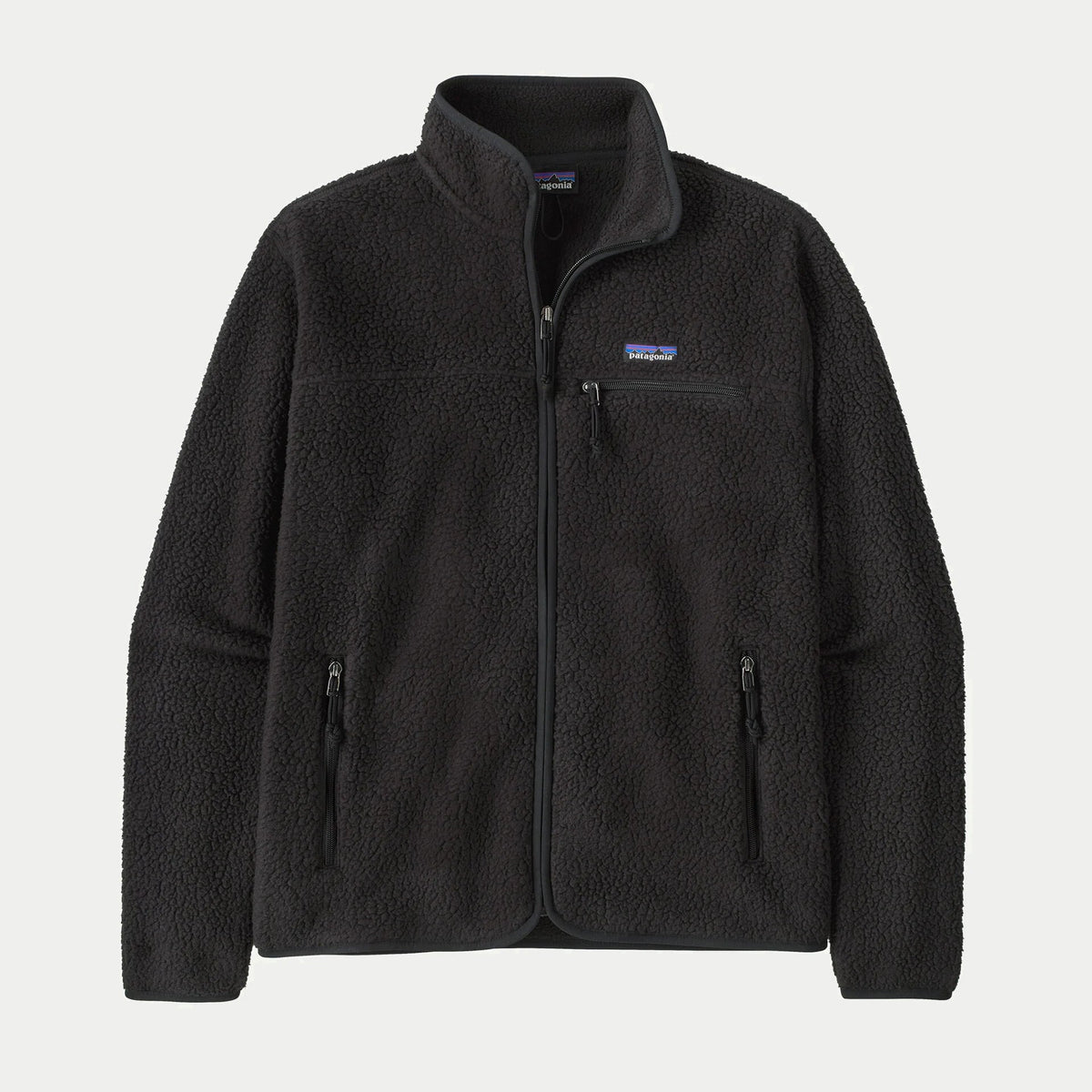 Veste polaire Retro Pile Patagonia noire à plat, col montant zippé, poche poitrine et deux poches basses zippées
