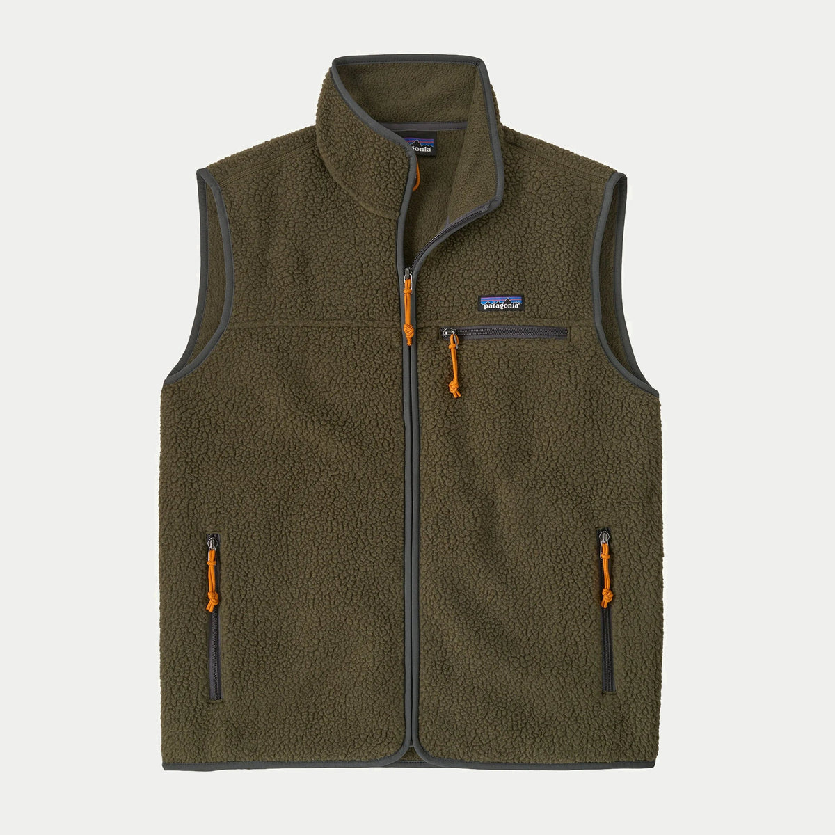 Gilet polaire Retro Pile Patagonia Basin Green à plat, sherpa vert olive à passepoil anthracite et tirettes orange