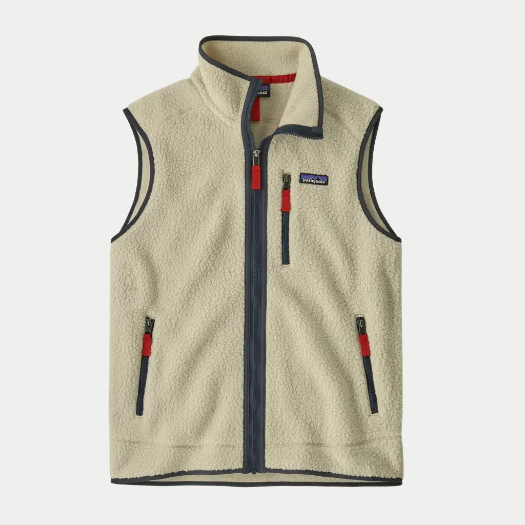 Gilet polaire Retro Pile Pelican Patagonia à plat, écru à biais bleu ardoise et tirettes rouges, zip intégral