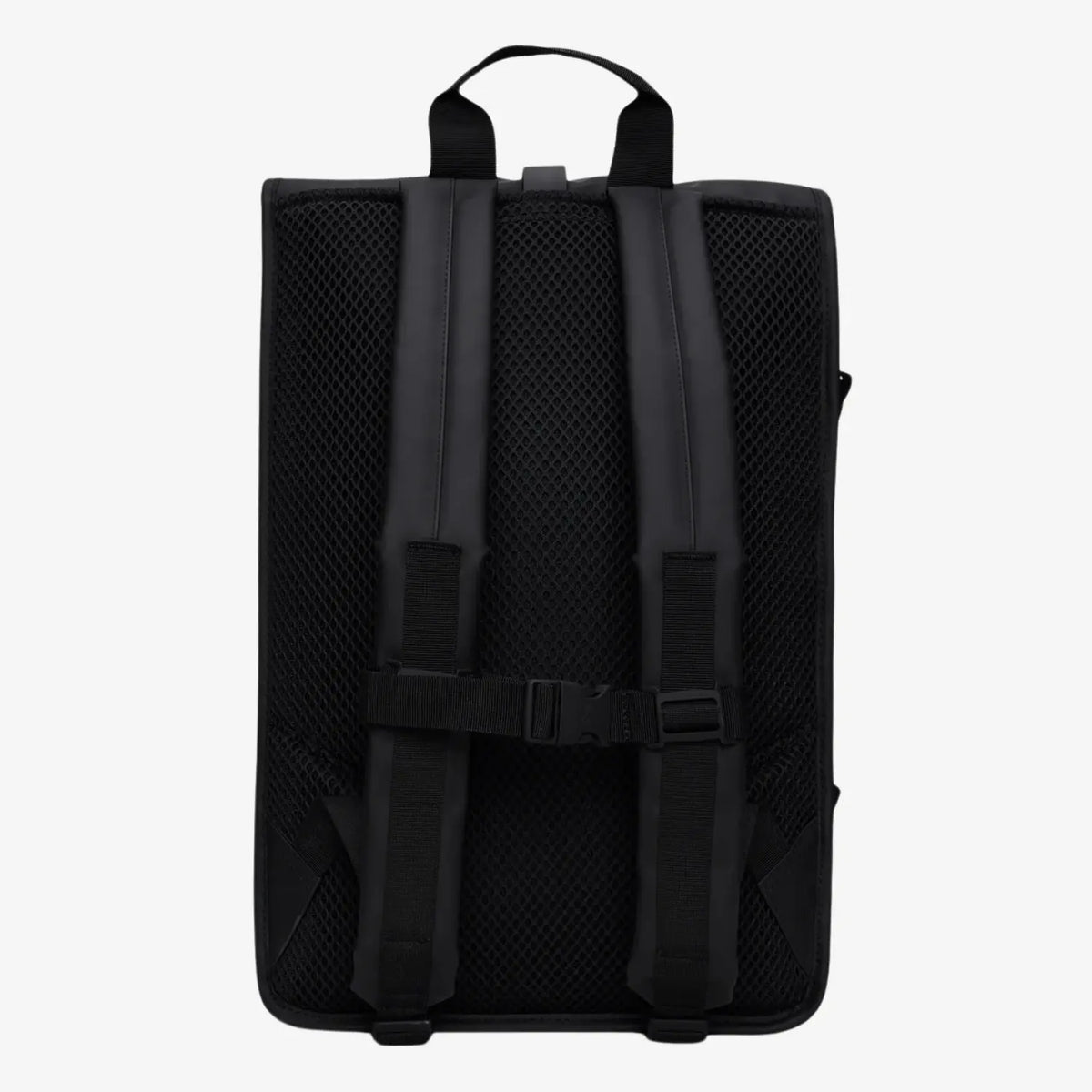 Dos du Rolltop Rucksack Large noir, bretelles larges sur dossier en filet et sangle ventrale
