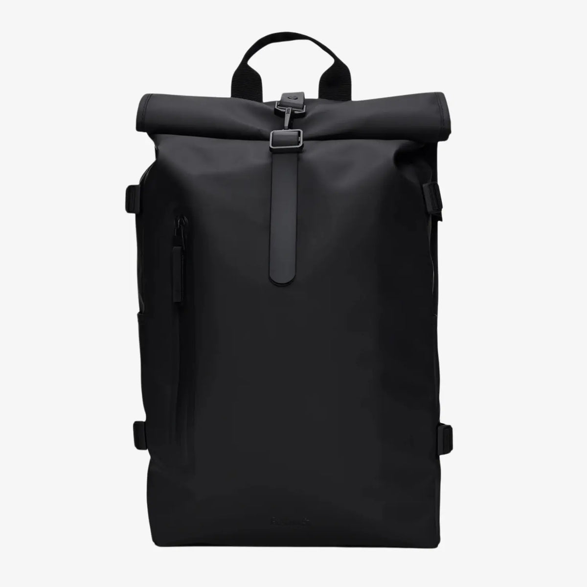 Rolltop Rucksack Large noir de face, rabat roulé, zip latéral et quatre boucles de compression