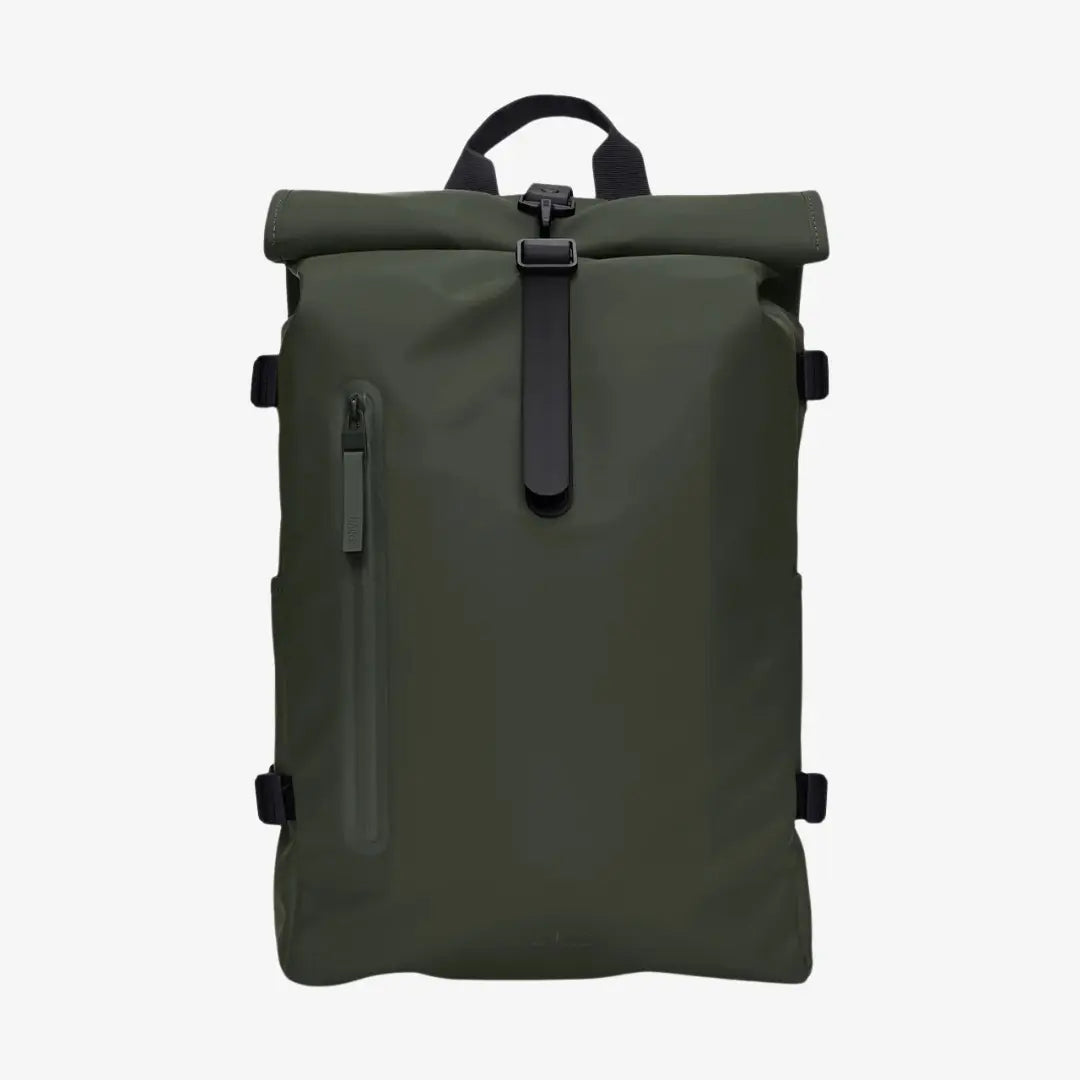 Rolltop Rucksack Large vert kaki de face, zip vertical et quatre boucles de compression noires