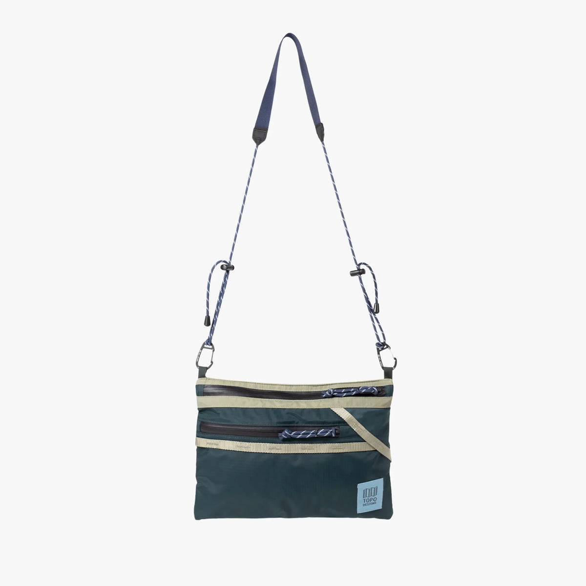 Sacoche plate en nylon vert sapin et kaki clair, deux zips, bandoulière bleu marine à cordon réglable