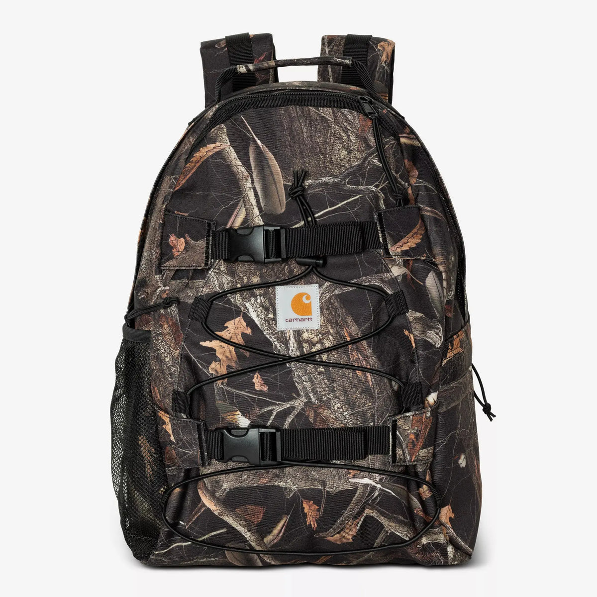 Sac à dos Kickflip vu de face, feuilles mortes rouille et branches gris-beige sur fond noir, sangles à boucles