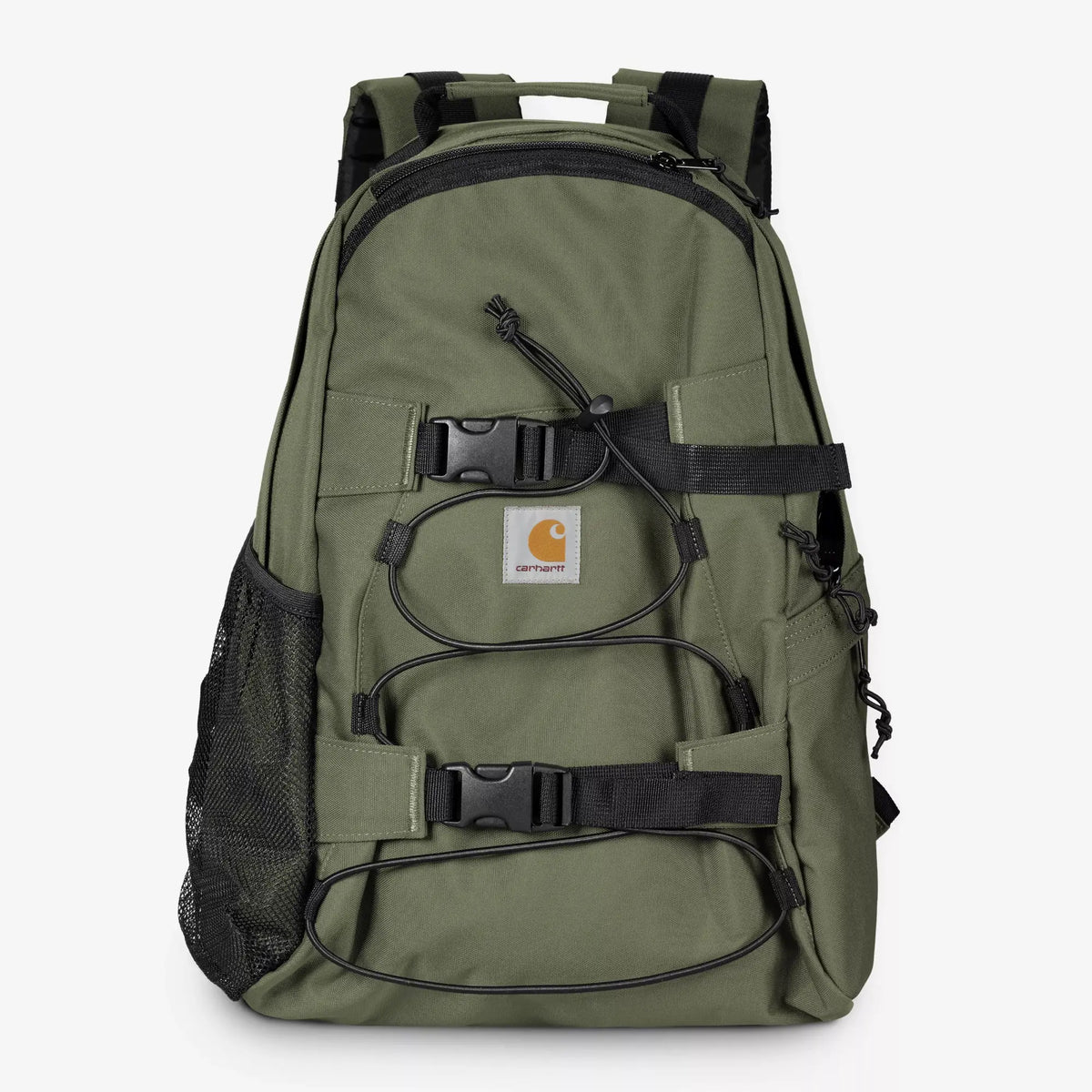 Sac à dos Kickflip vert kaki Leaf de face, sangles à boucles, cordon élastique et étiquette Carhartt