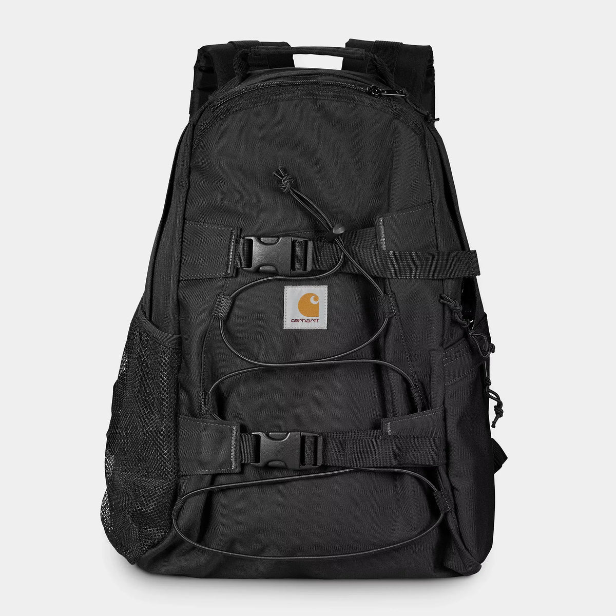 Sac à dos Kickflip noir de face, double sangle à clip, cordon élastique et étiquette carrée Carhartt