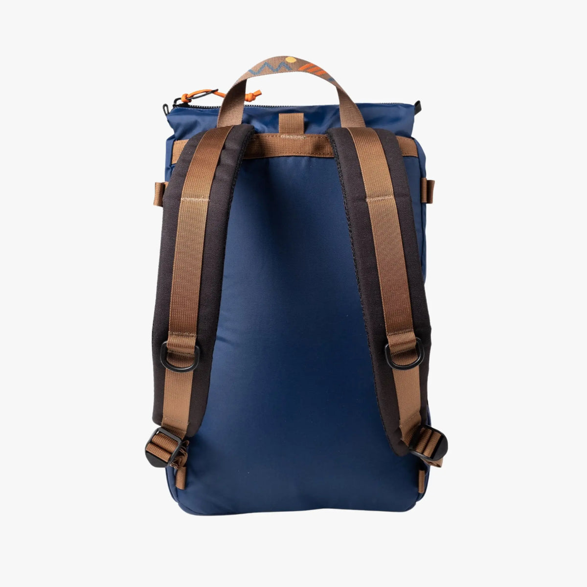 Dos du sac Rover bleu marine : bretelles matelassées, sangles camel et poignée à motif zigzag