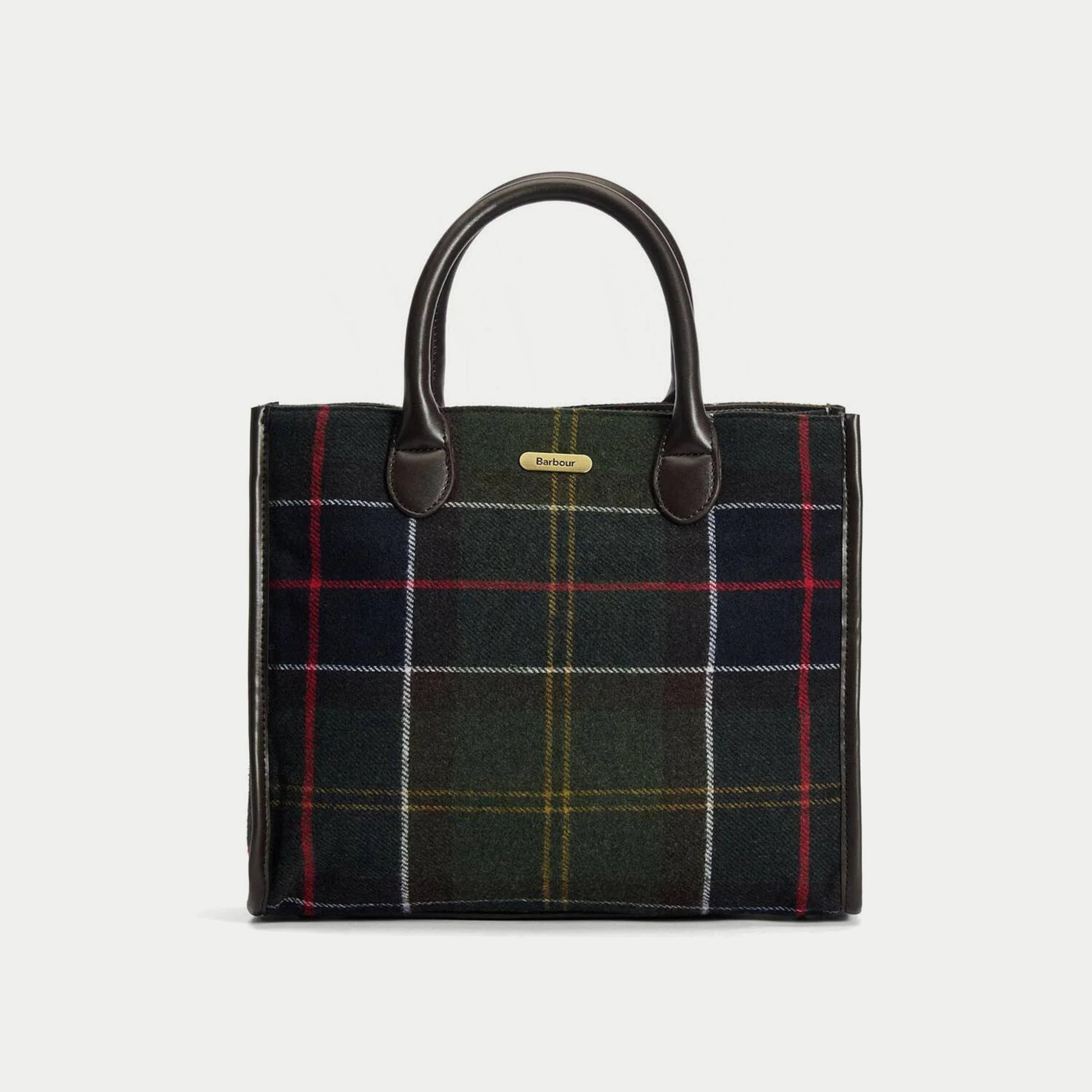 Tote bag Barrhill tartan olive vu de face en cadrage large, corps qui tient debout et flancs bordés de similicuir brun