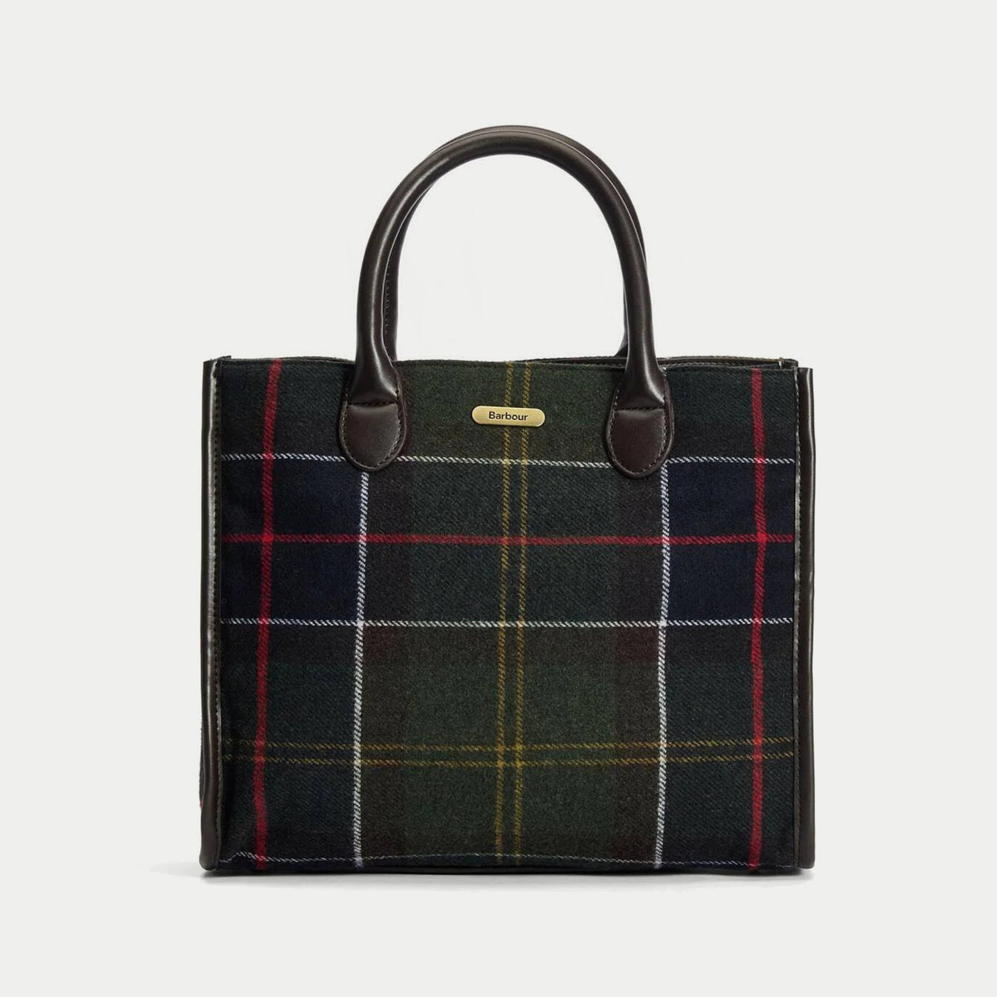 Tote bag Barrhill Barbour en tartan olive, vue de face, anses arquées en similicuir brun et plaque logo laiton