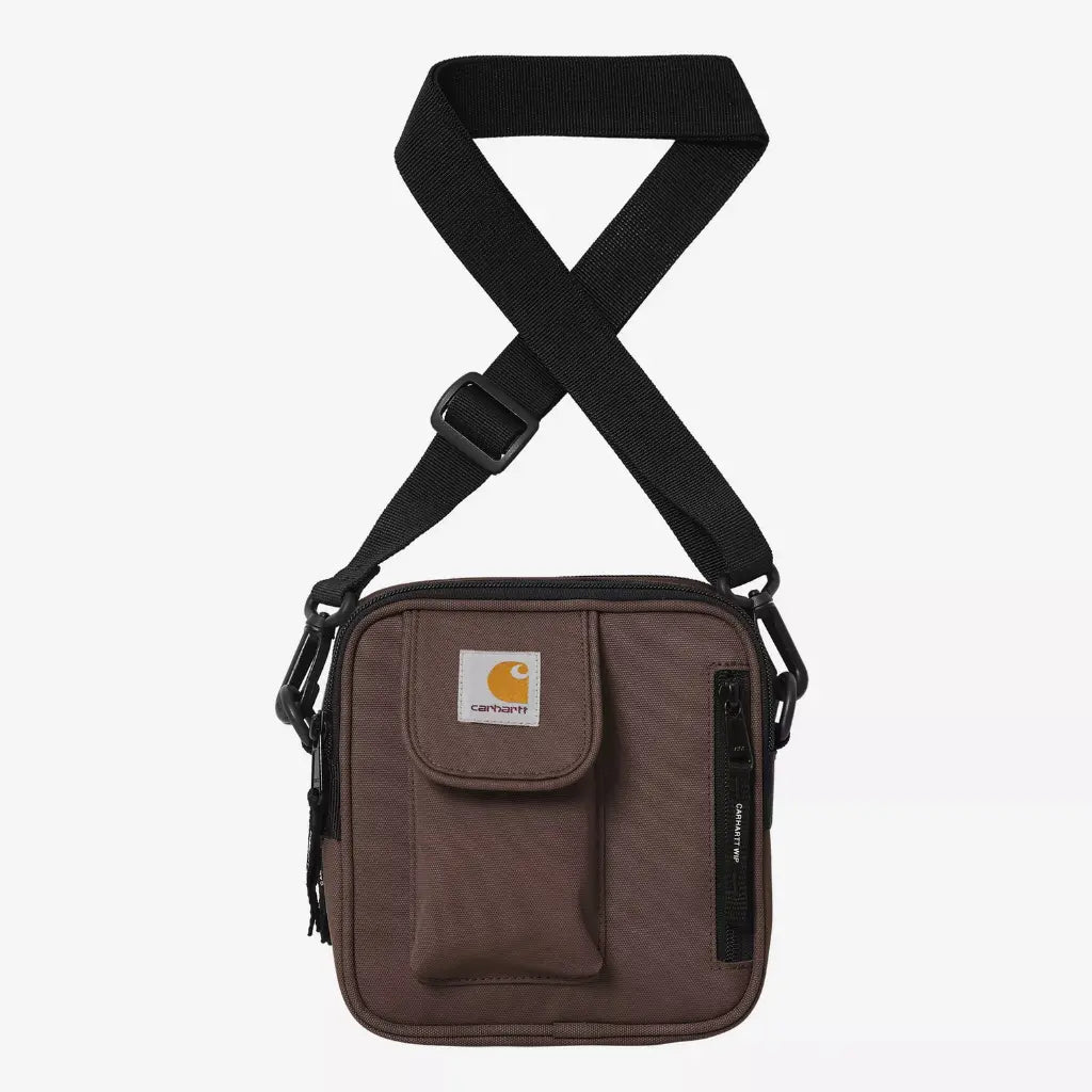 Sacoche Essentials Bag Palisander brun bordeaux Carhartt WIP, face avant : poche à rabat Velcro, bandoulière noire