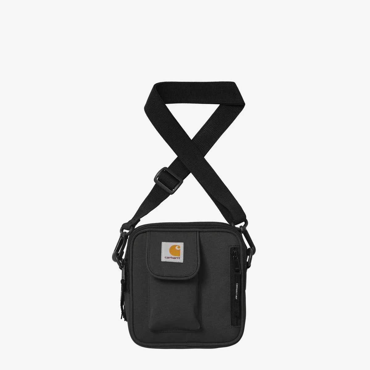 Sacoche Carhartt WIP Essentials Bag anthracite, sangle bandoulière en croix et rabat Velcro à logo Carhartt, vue de face