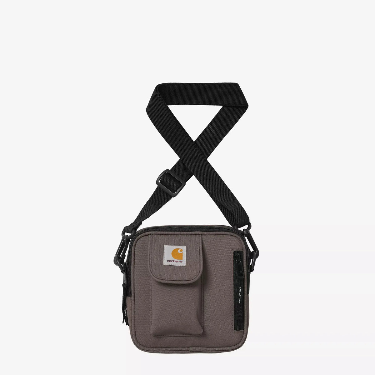 Sacoche Essentials Bag gris taupe de face : poche frontale à rabat, zip vertical noir et sangle ajustable